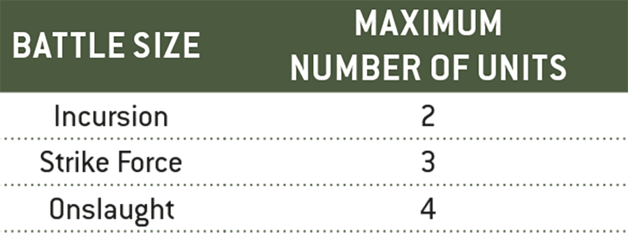 In an Incursion sized battle, you can select up to 2 units.  In a Strike Force sized battle, you can select up to 3 units.  In an Onslaught sized battle, you can select up to 4 units.